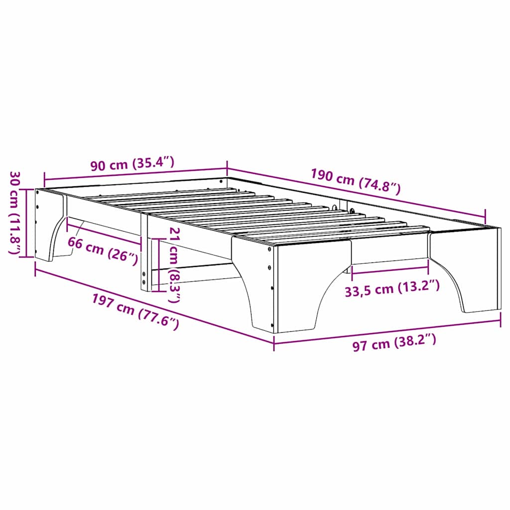 Bed Frame White 90 x 190 cm Solid Pine Wood