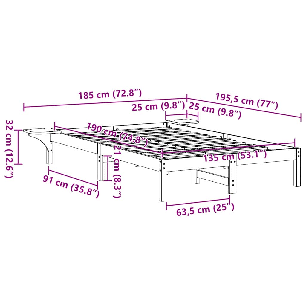 Bed Frame White 135 x 190 cm Solid Pine Wood