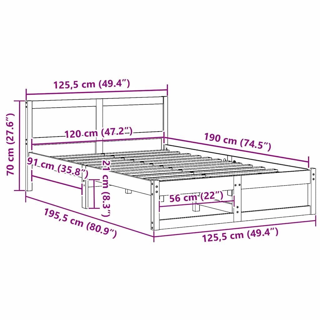 Bed Frame with Headboard White 120 x 190 cm Solid Pine Wood