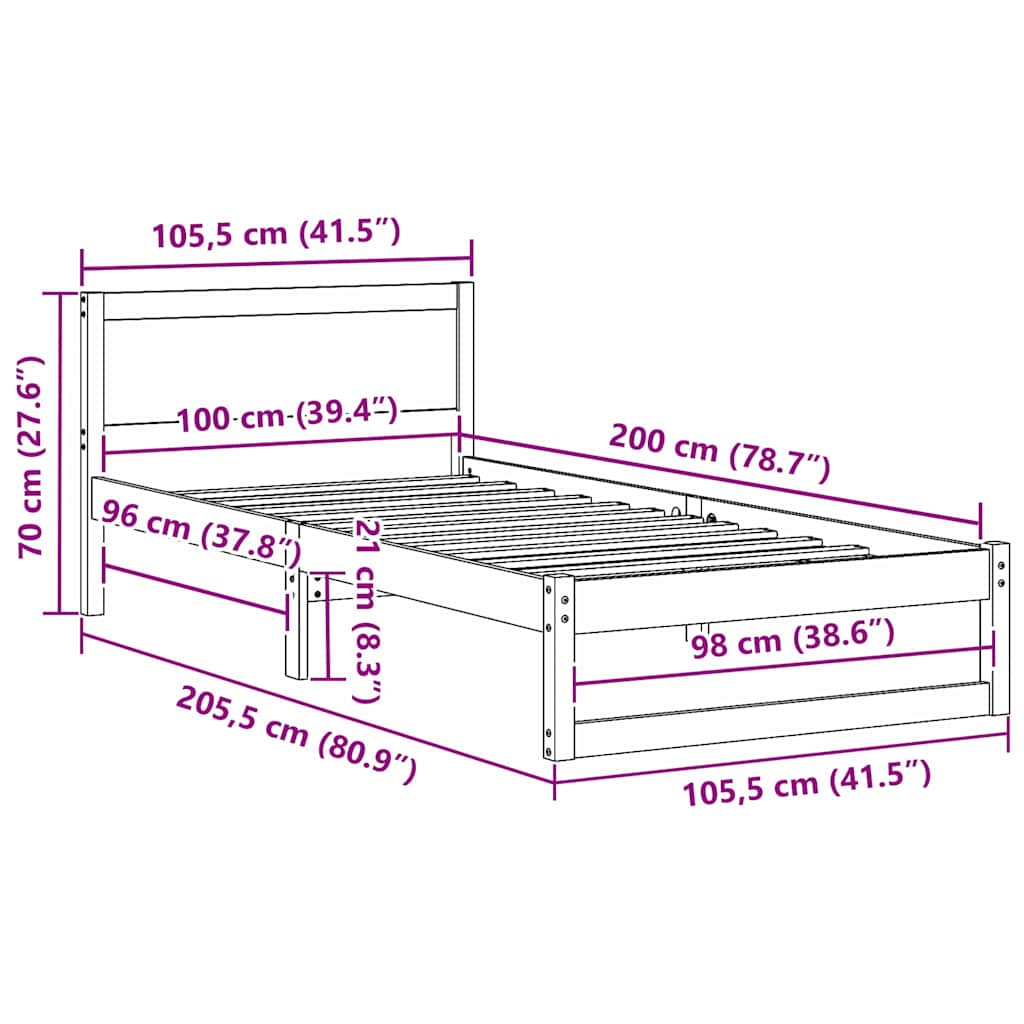 Bed Frame with Headboard White 100 x 200 cm Solid Pine Wood
