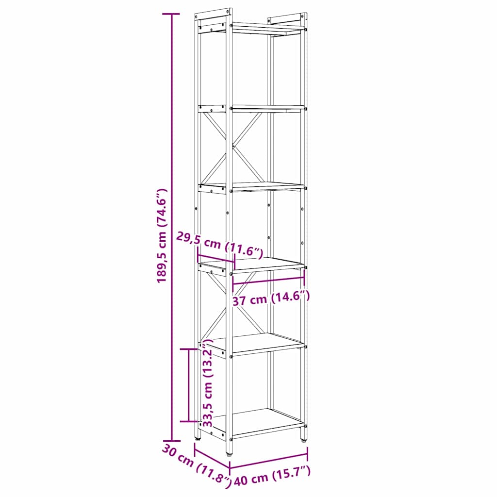 Bookshelf 40 x 30 x 189.5 cm Engineered Wood Grey sonoma