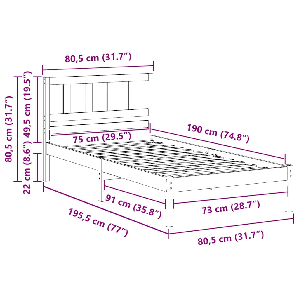 Bed Frame with Headboard White 75 x 190 cm Solid Pine Wood
