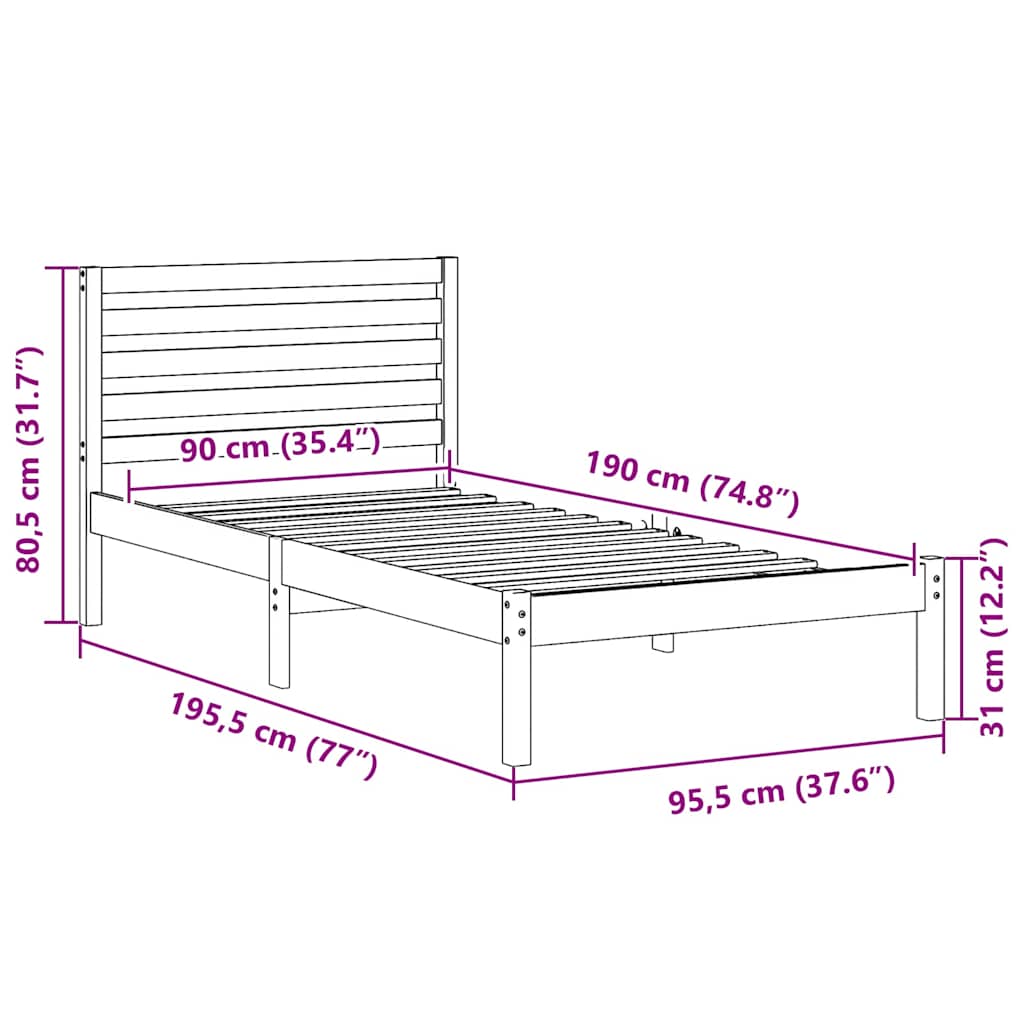 Bed Frame with Headboard White 90 x 190 cm Solid Pine Wood