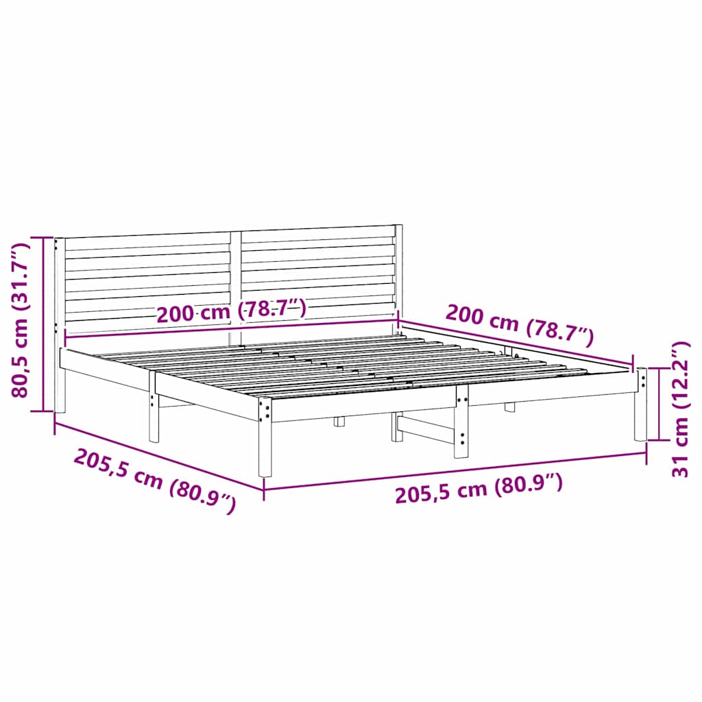 Bed Frame with Headboard White 200 x 200 cm Solid Pine Wood