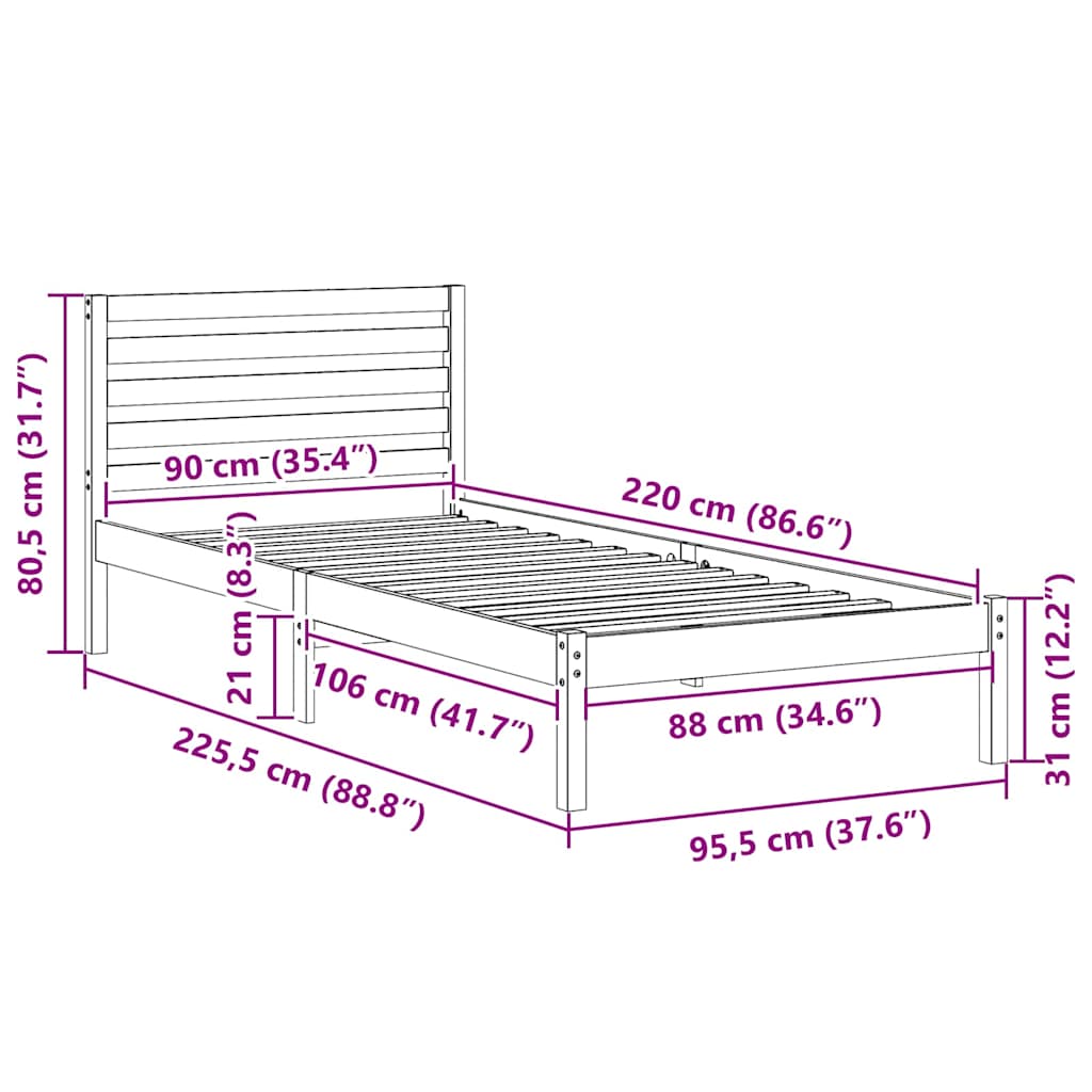 Bed Frame with Headboard Wax Brown 90 x 220 cm Solid Pine Wood