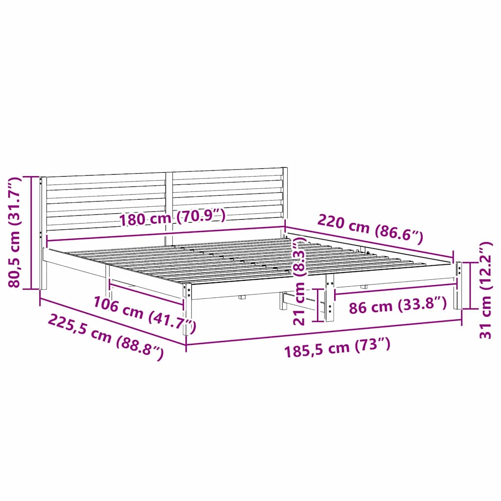 Bed Frame with Headboard Wax Brown 180 x 220 cm Solid Pine Wood