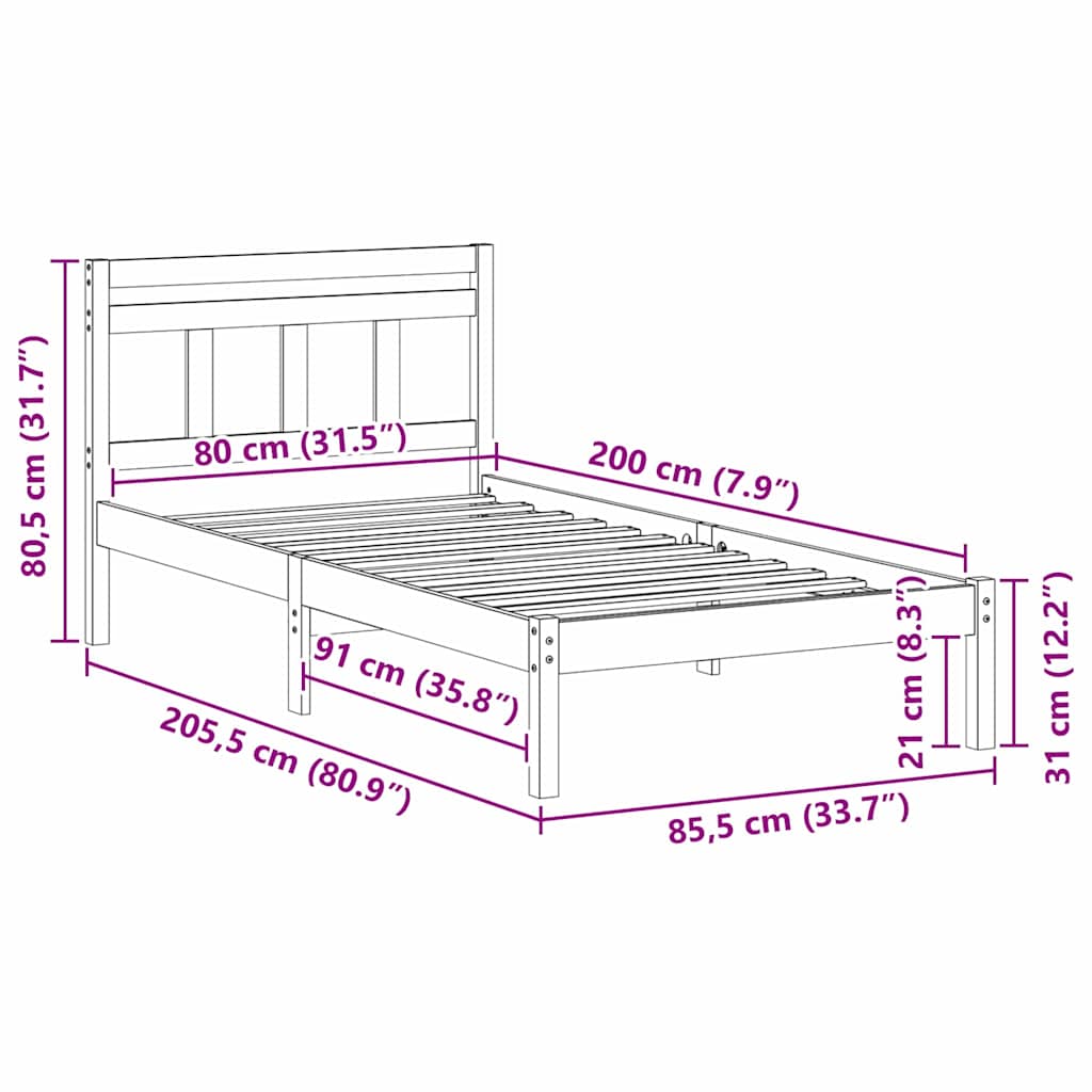Bed Frame White 80 x 200 cm Solid Pine Wood