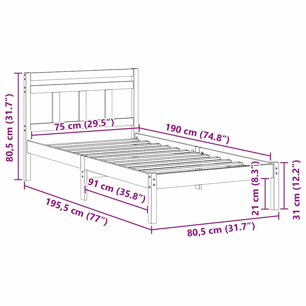 Bed Frame Brown 75 x 190 cm Solid Pine Wood