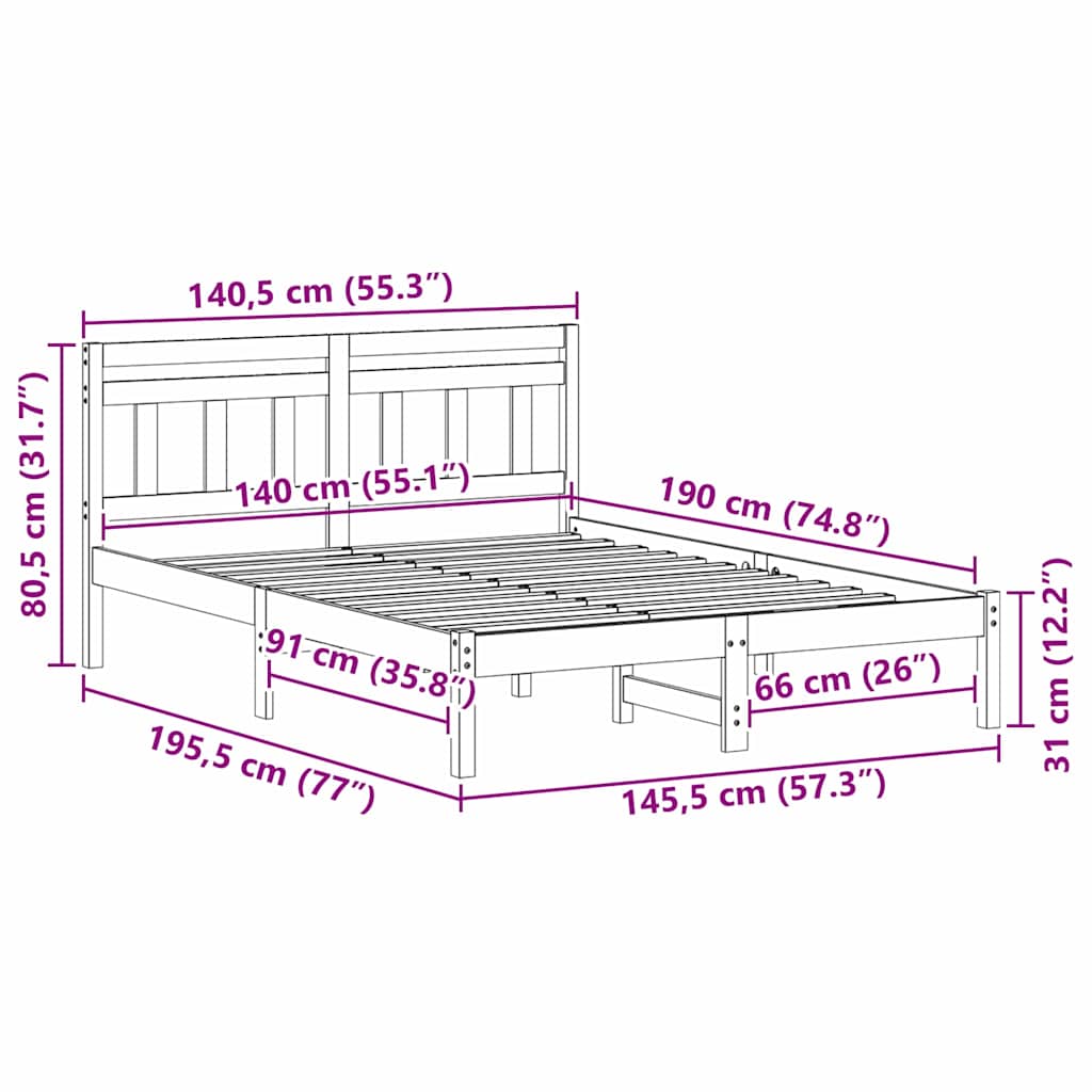 Bed Frame White 140 x 190 cm Solid Pine Wood