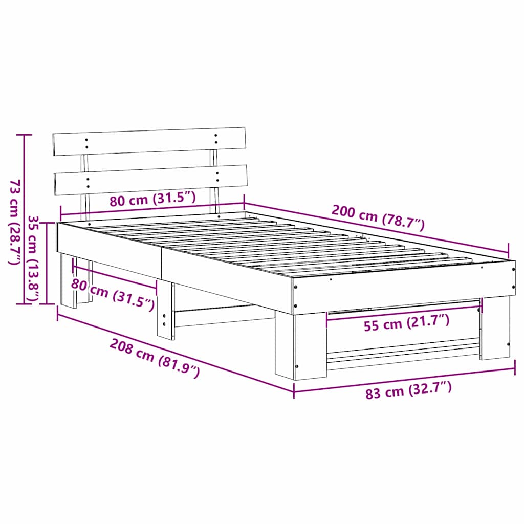 Bed Frame with Headboard Brown 80 x 200 cm Solid Pine Wood