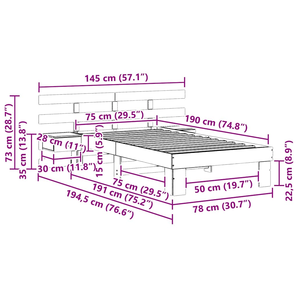 Bed Frame with Headboard White 75 x 190 cm Solid Pine Wood