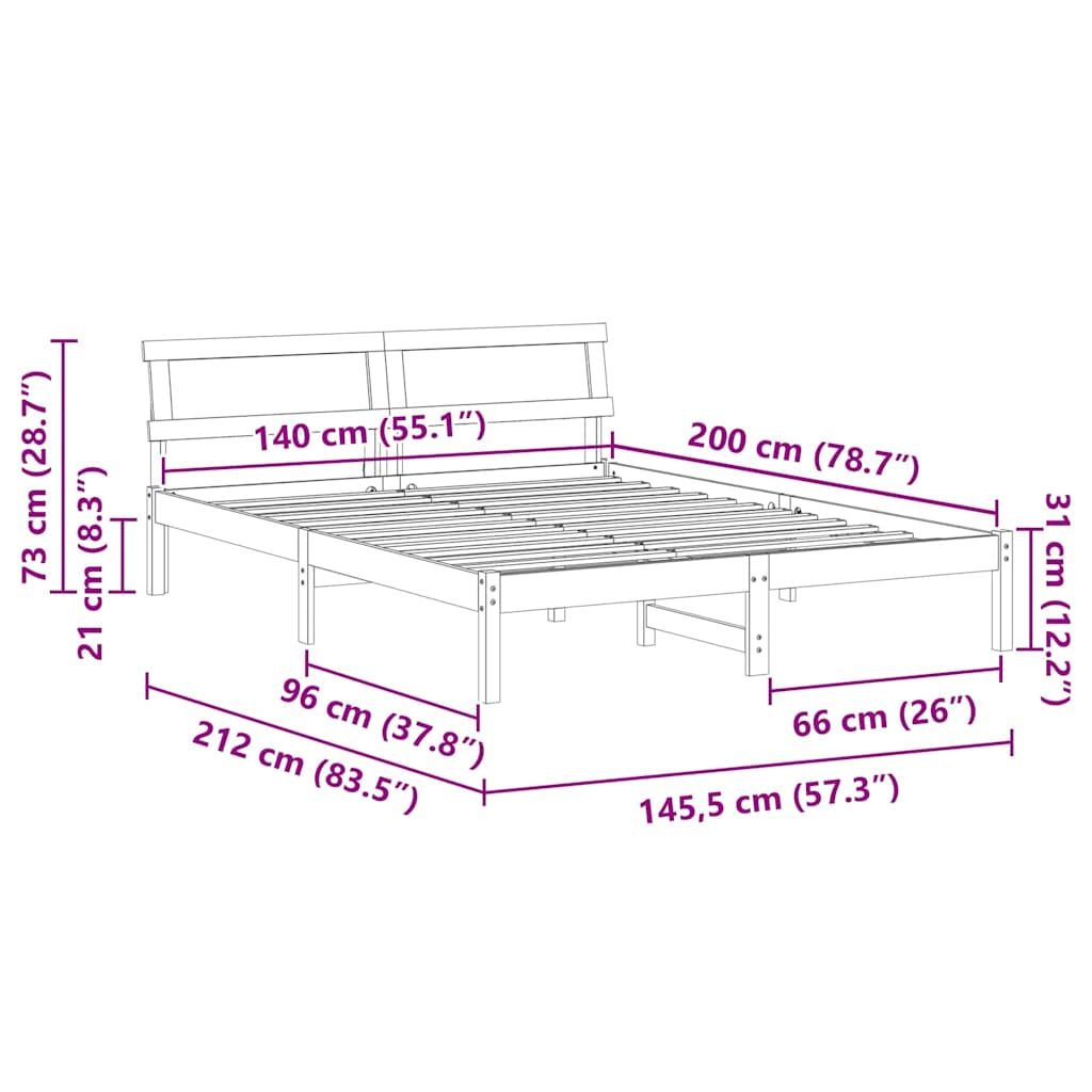 Bed Frame with Headboard White 140 x 200 cm Solid Pine Wood