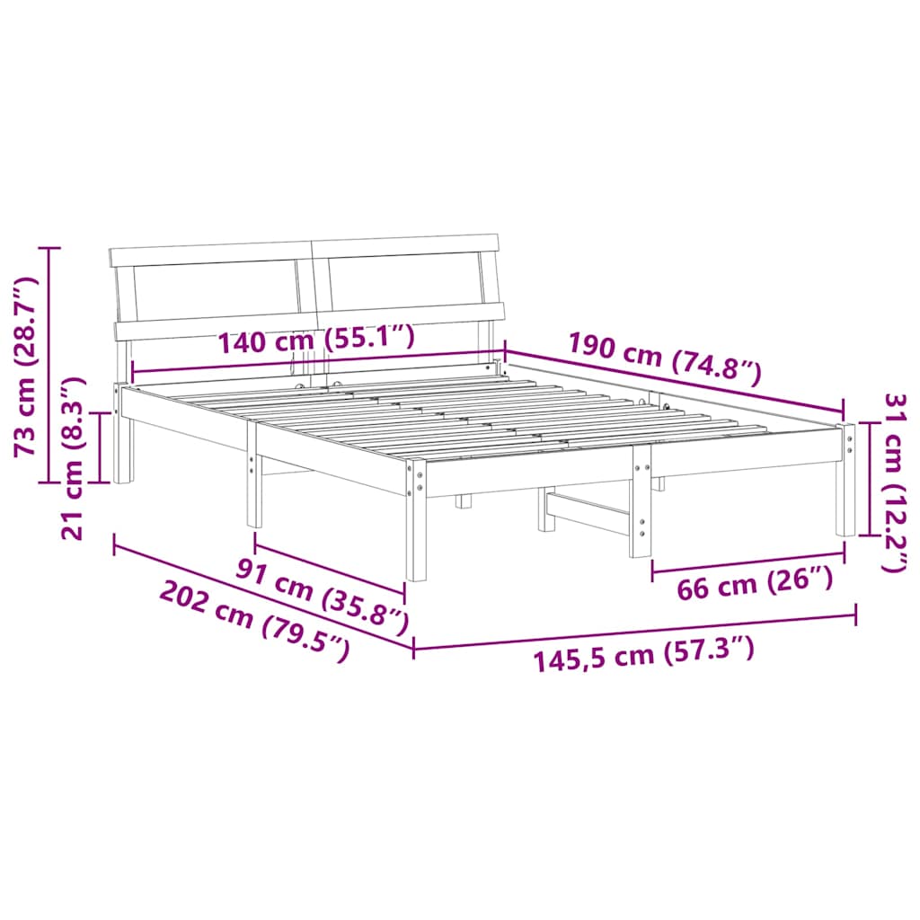 Bed Frame with Headboard Wax Brown 140 x 190 cm Solid Pine Wood