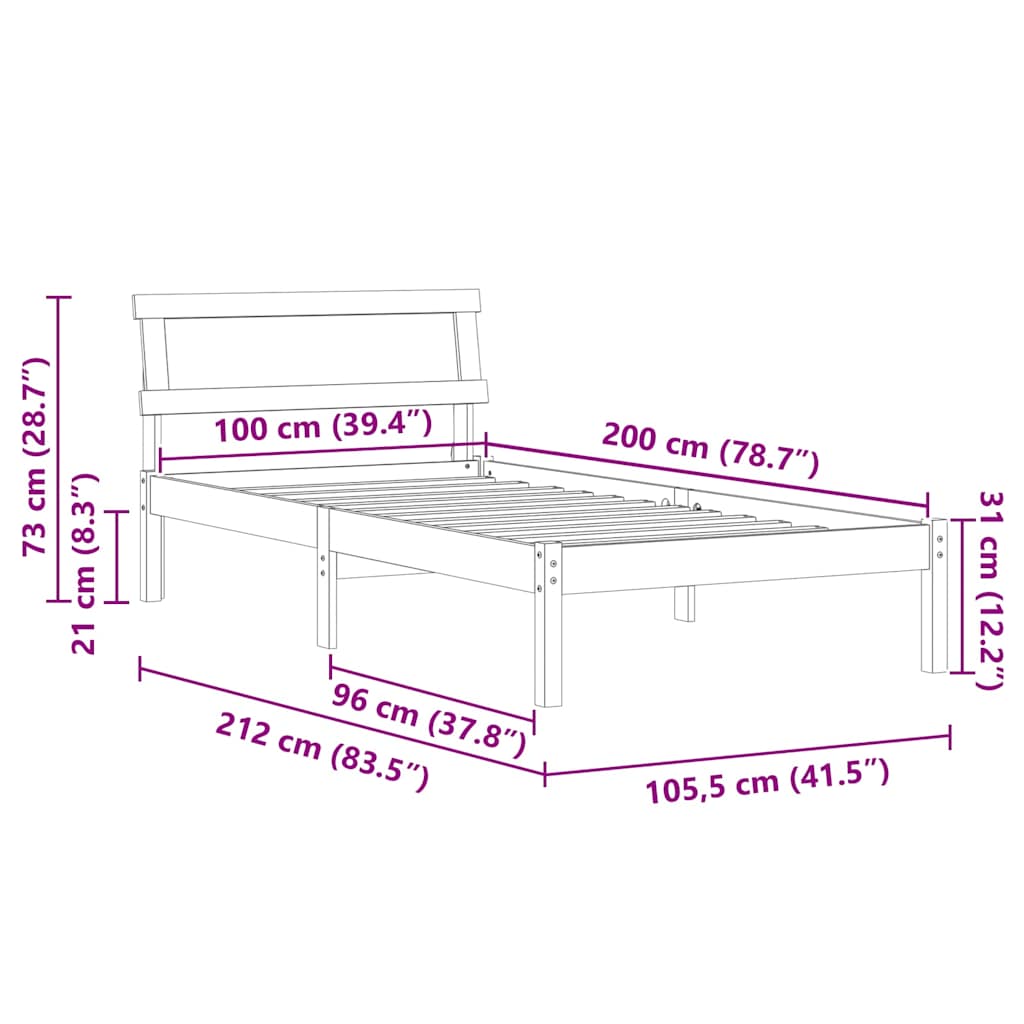 Bed Frame with Headboard White 100 x 200 cm Solid Pine Wood