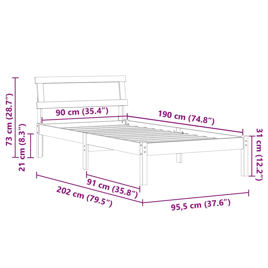 Bed Frame with Headboard Wax Brown 90 x 190 cm Solid Pine Wood