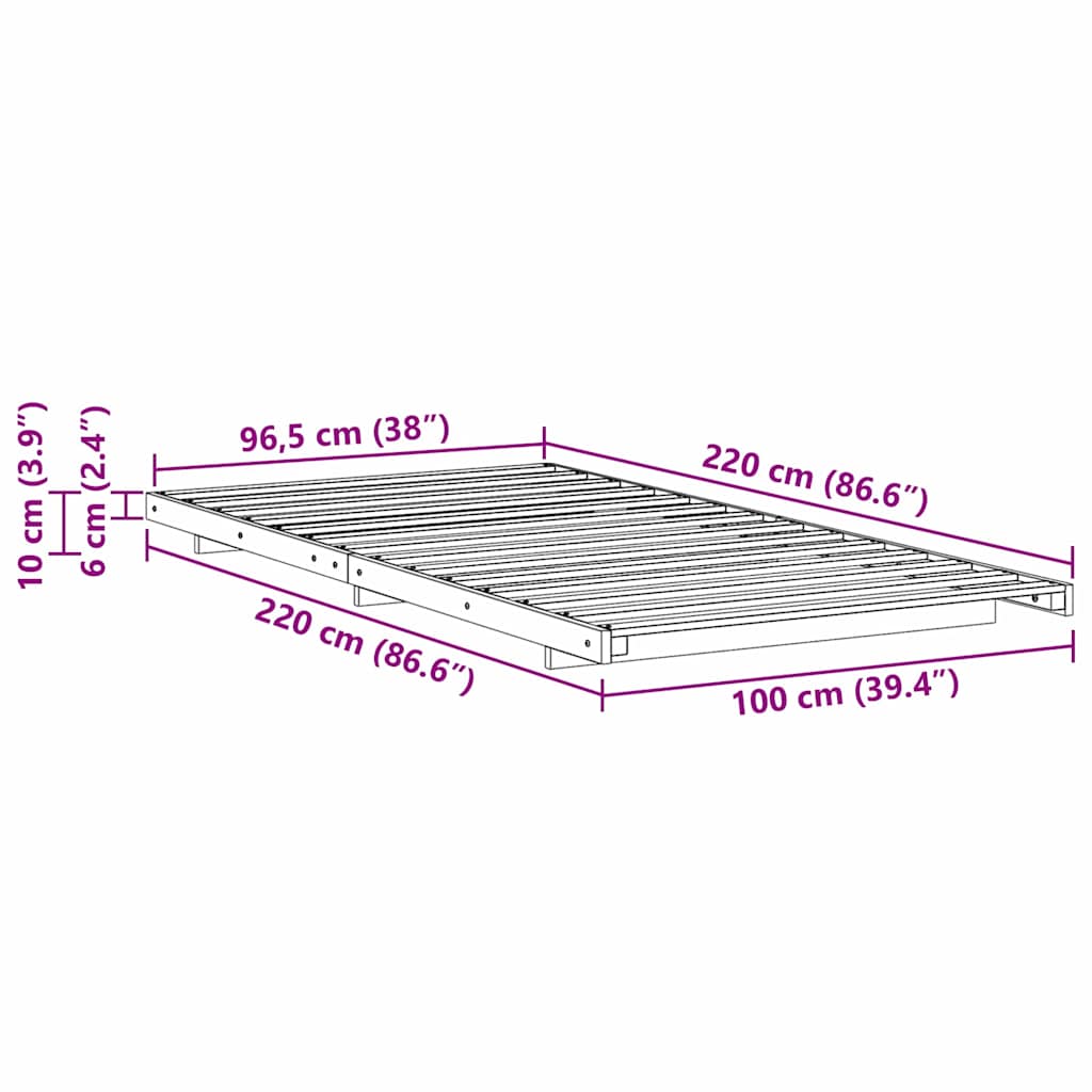 Bed Frame White 100 x 220 cm Solid Pine Wood
