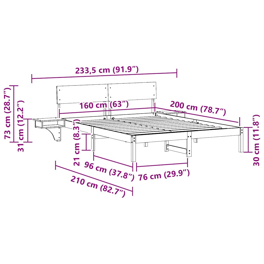 Bed Frame with Headboard Wax Brown 160 x 200 cm Solid Pine Wood