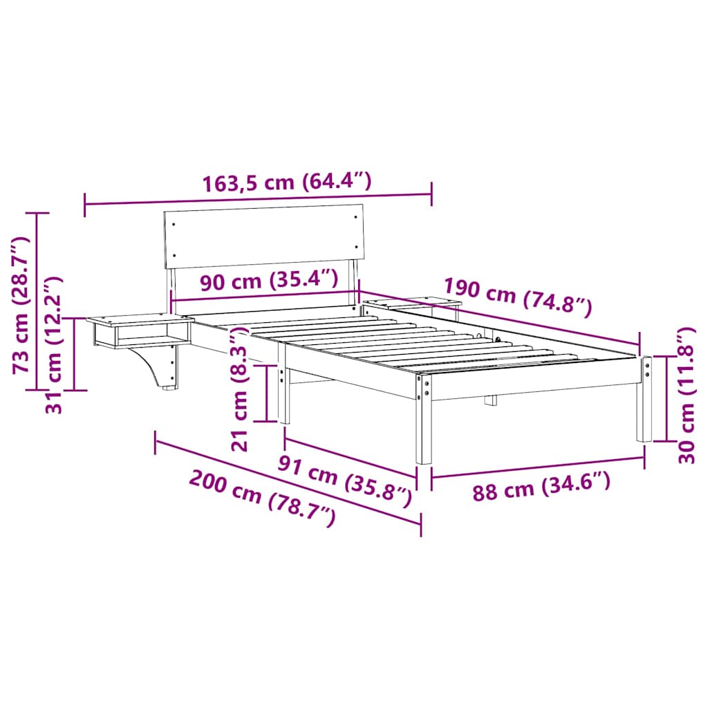 Bed Frame with Headboard Wax Brown 90 x 190 cm Solid Pine Wood