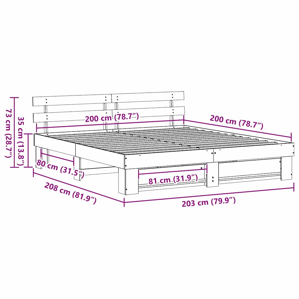 Bed Frame with Headboard White 200 x 200 cm Solid Pine Wood