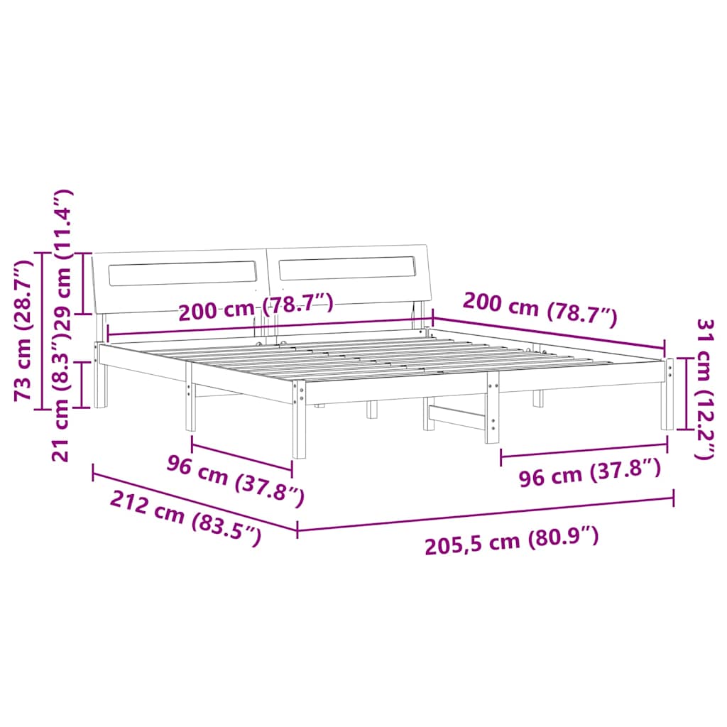 Bed Frame with Headboard White 200 x 200 cm Solid Pine Wood