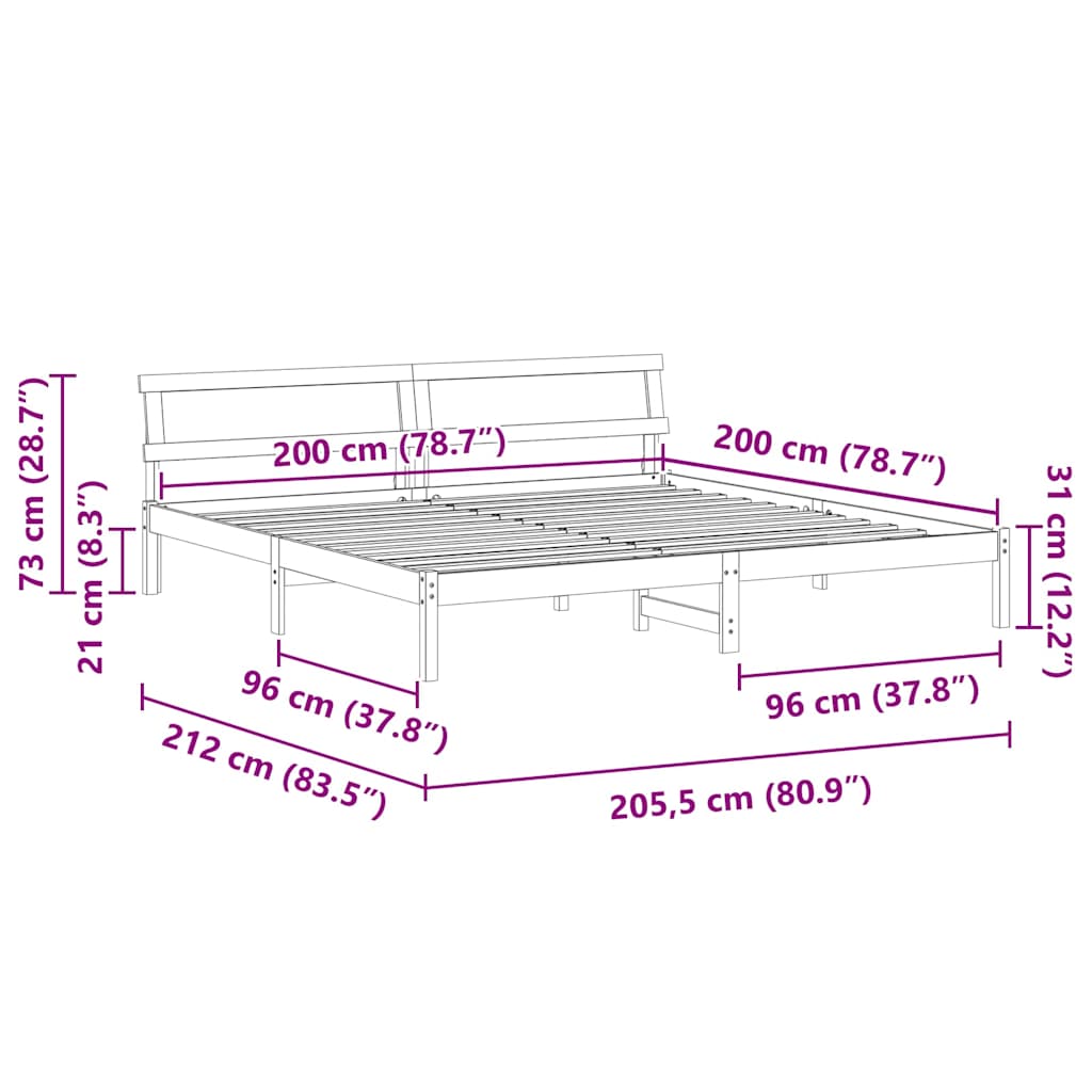 Bed Frame with Headboard Wax Brown 200 x 200 cm Solid Pine Wood