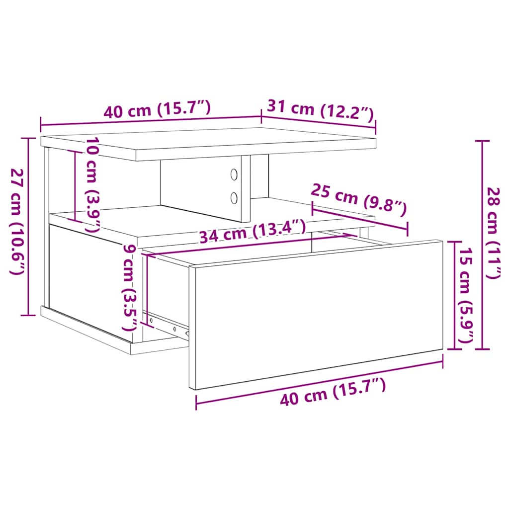 Floating Nightstand Black Oak 40 x 31 x 28 cm Engineered Wood