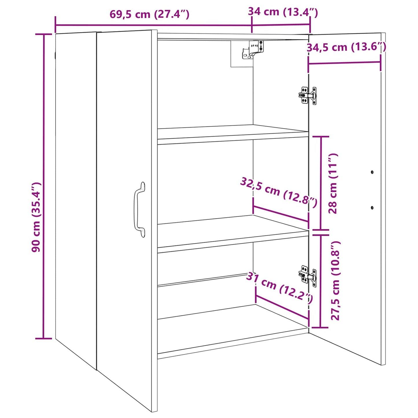 Wall Cabinet Black Oak 69.5 x 34 x 90 cm Engineered Wood