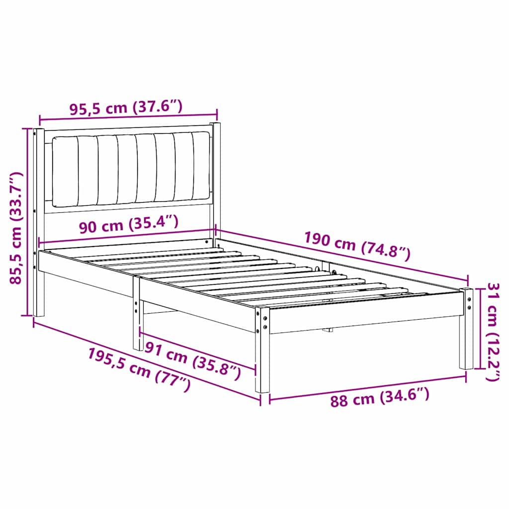 Bed Frame with Upholstered Headboard Black 90 x 190 cm
