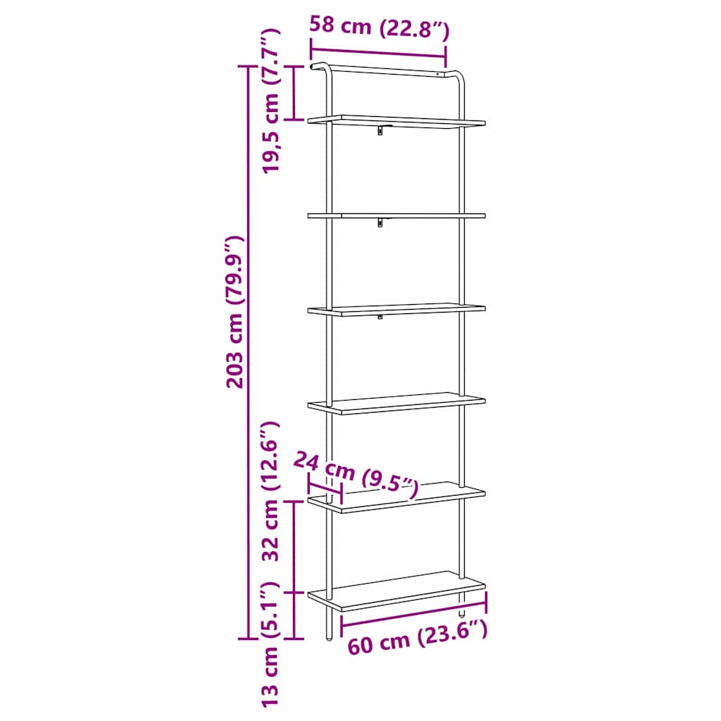 Bookshelf 6-Tier 60 x 24 x 203 cm Engineered wood Grey Sonoma