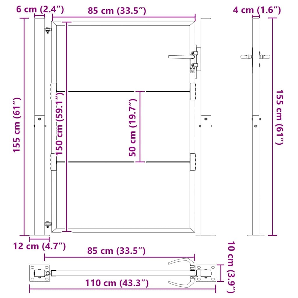 Garden Gate with Lock Black 110 x 155 cm Powder-Coated Steel