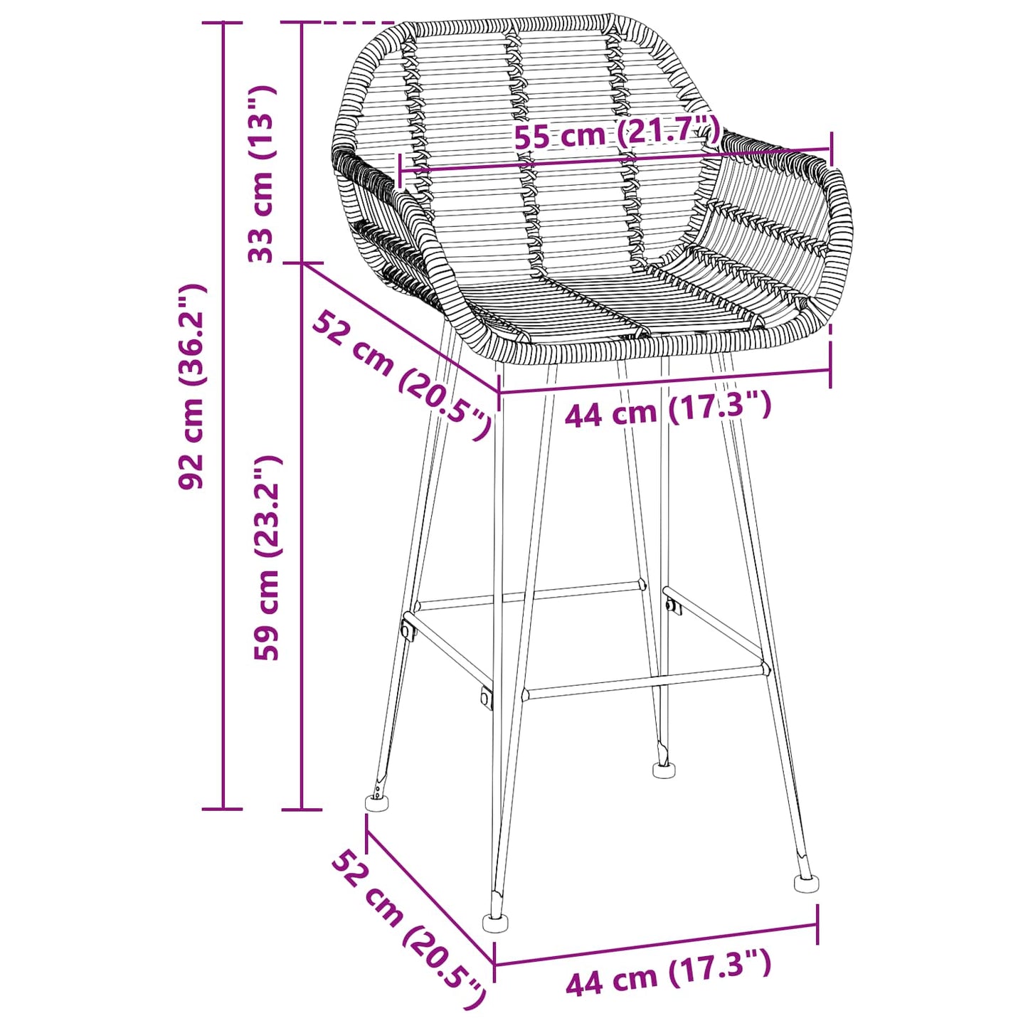 Bar Chair 2 pcs 55 x 52 x 92 cm Rattan and Iron