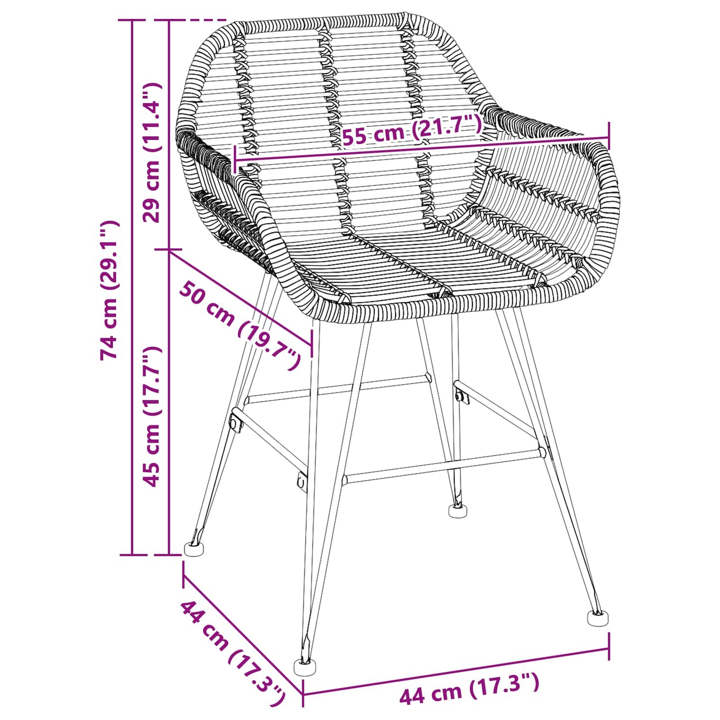 Dining Chair 2 pcs Rattan and Iron Natural 55 x 50 x 74 cm