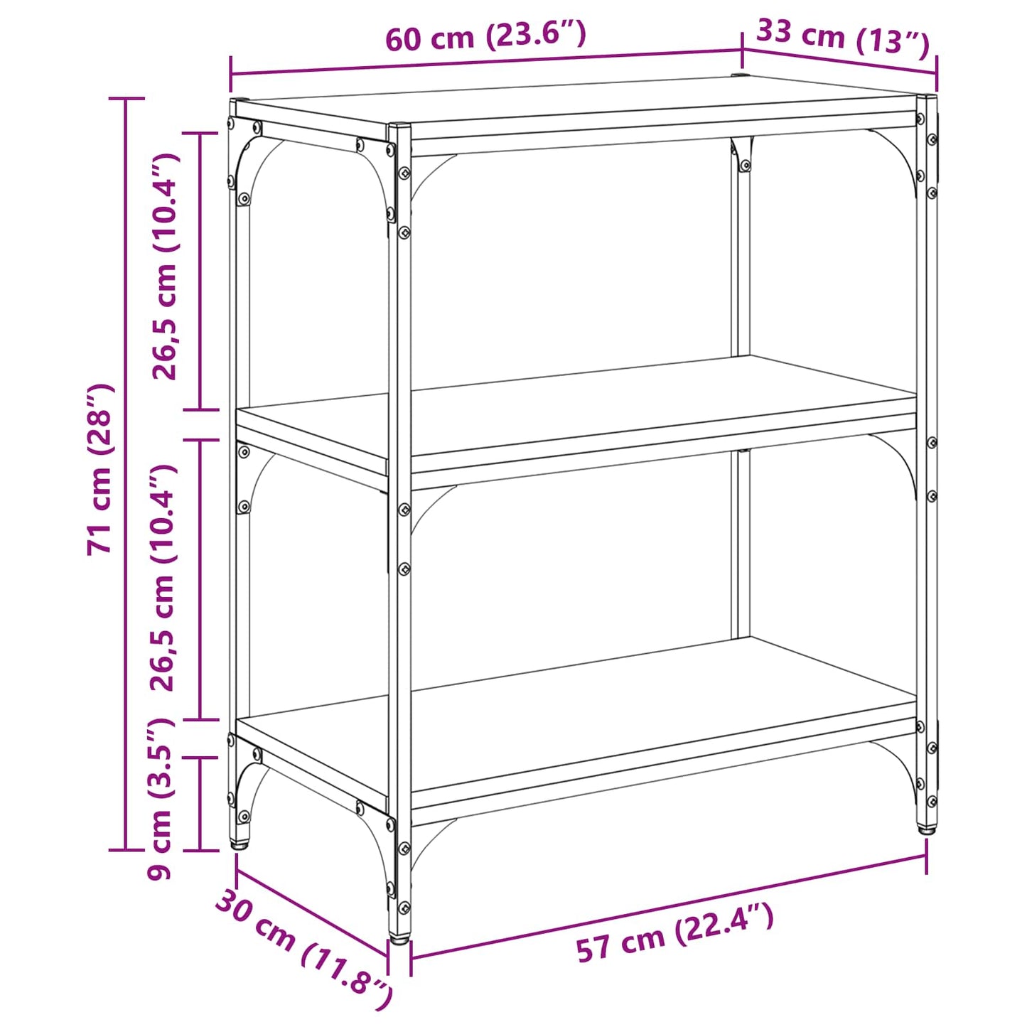Book Cabinet 3-Tier 60 x 33 x 70.5 cm Engineered wood