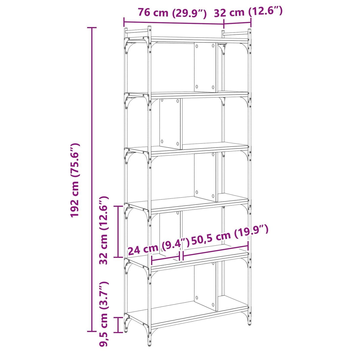 Bookcase 5-Tier 76 x 32 x 192 cm Engineered Wood Artisan oak