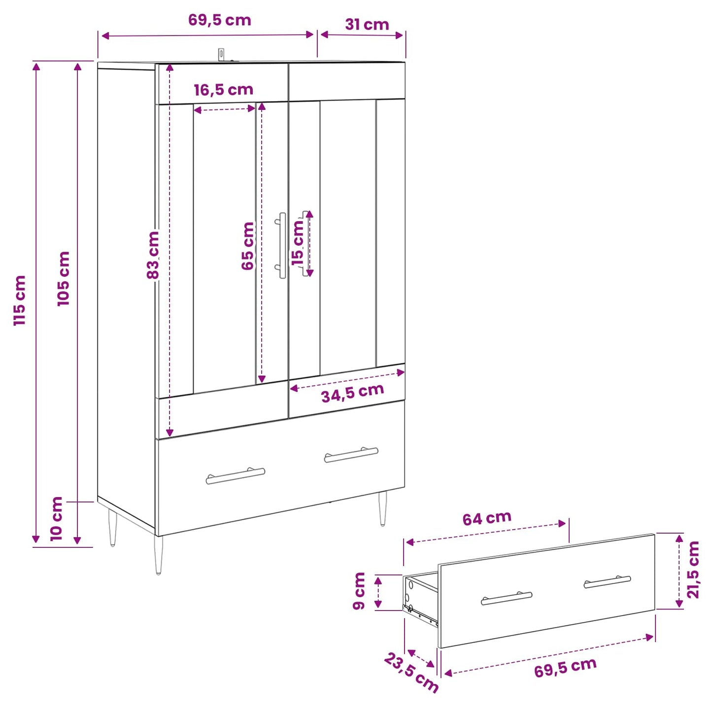 Highboard Artisan Oak 69.5 x 31 x 115 cm