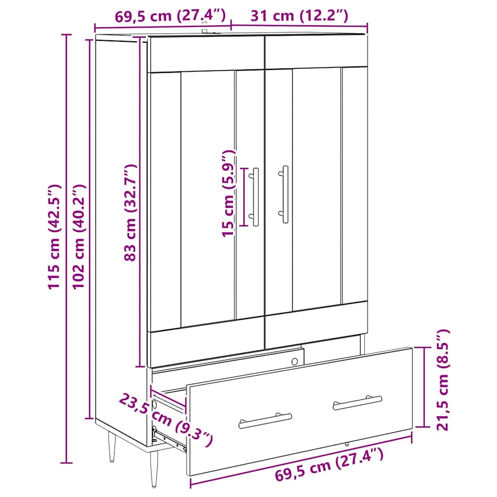 Highboard Black Oak 69.5 x 31 x 115 cm Engineered Wood