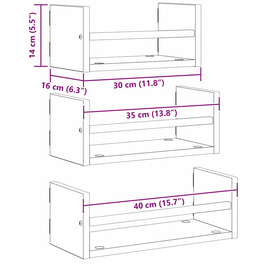 Wall Shelf Set 3 pcs Black Oak 40 x 16 x 14 cm Engineered Wood