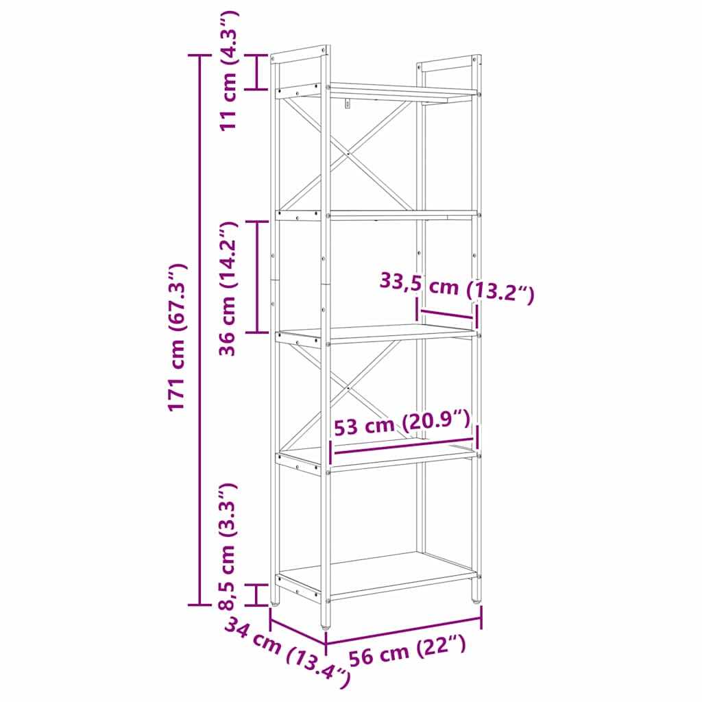 Bookshelf 5-Tier 56 x 34 x 171 cm Engineered Wood Sonoma Oak