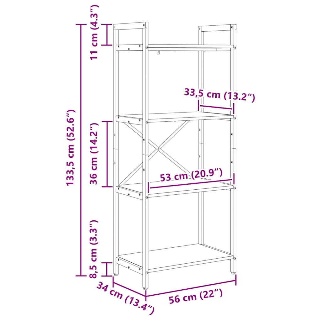 Bookshelf 4-Tier 56 x 34 x 133.5 cm Engineered Wood Grey Sonoma