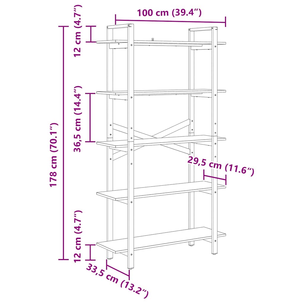 Bookshelf 5-Tier 100 x 33.5 x 178 cm Engineered Wood Sonoma Oak