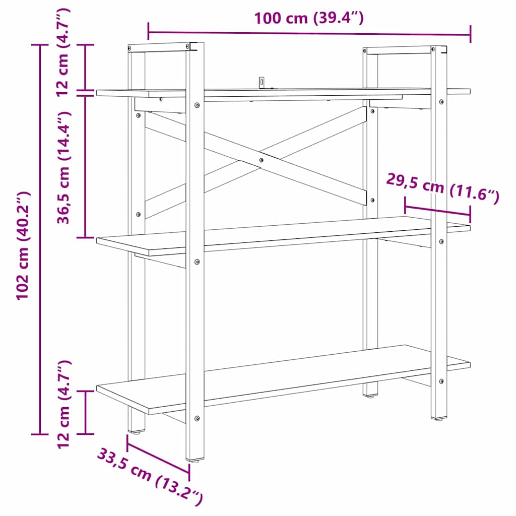 Bookshelf 3-Tier 100 x 33.5 x 102 cm Engineered Wood