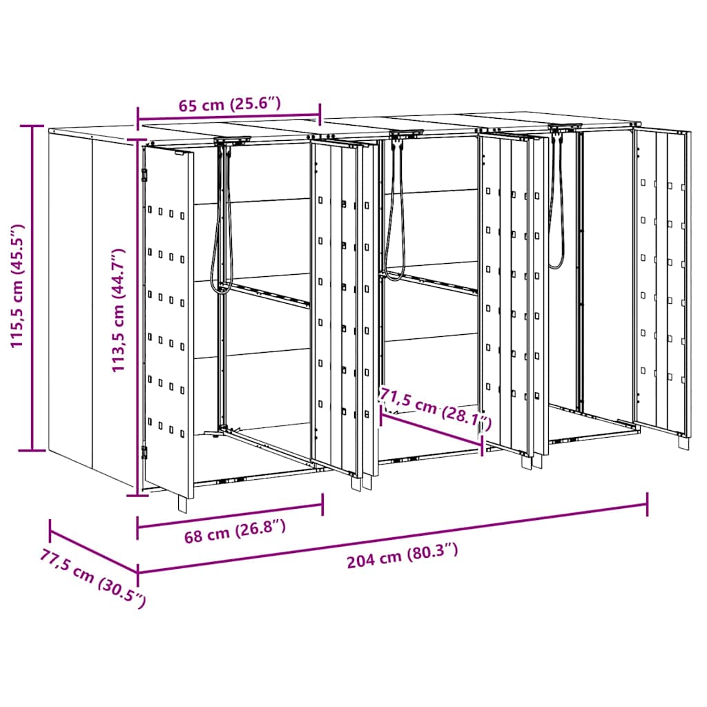 Wheelie Bin Storage for 3 Bins Silver 204 x 77.5 x 115.5 cm