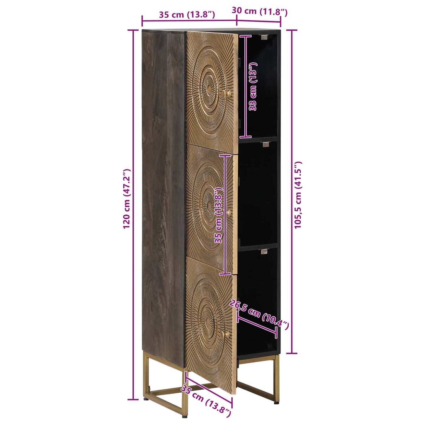 Highboard Brass 35 x 30 x 120 cm