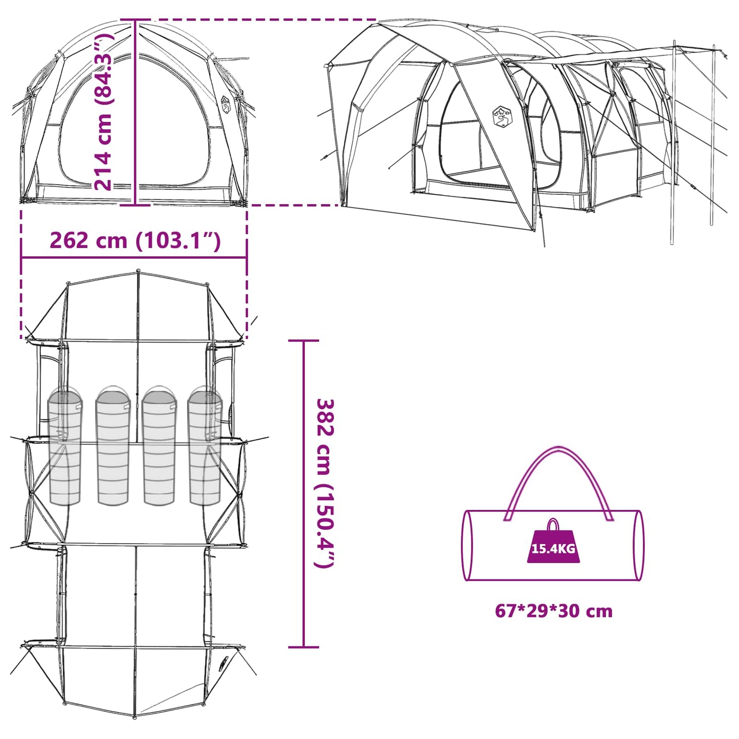 Tunnel Tent Green 382 x 262 x 214 cm