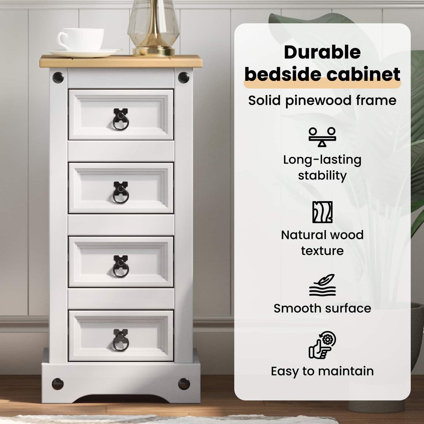 Bedside Table Corona White 35 x 32.5 x 74 cm Solid Pine Wood