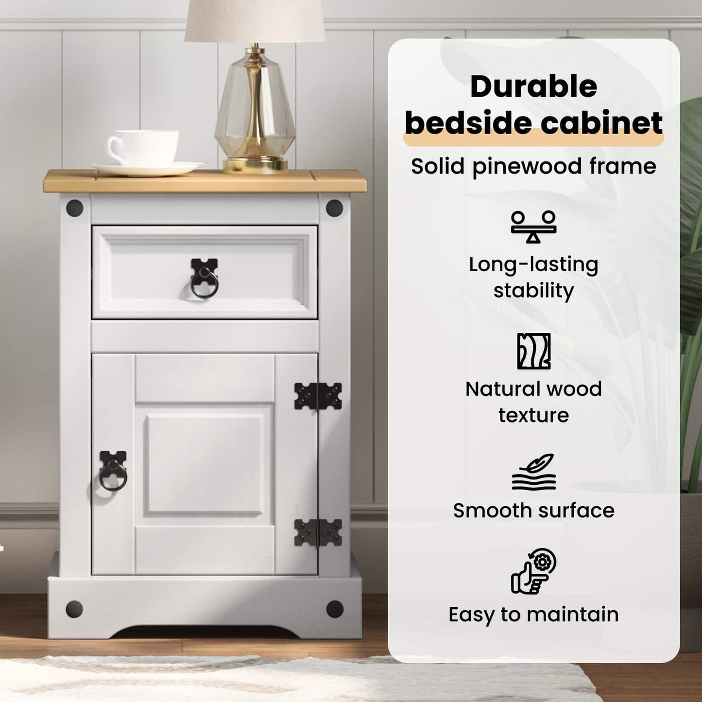 Bedside Table Corona White 45 x 35 x 64 cm Solid Pine Wood