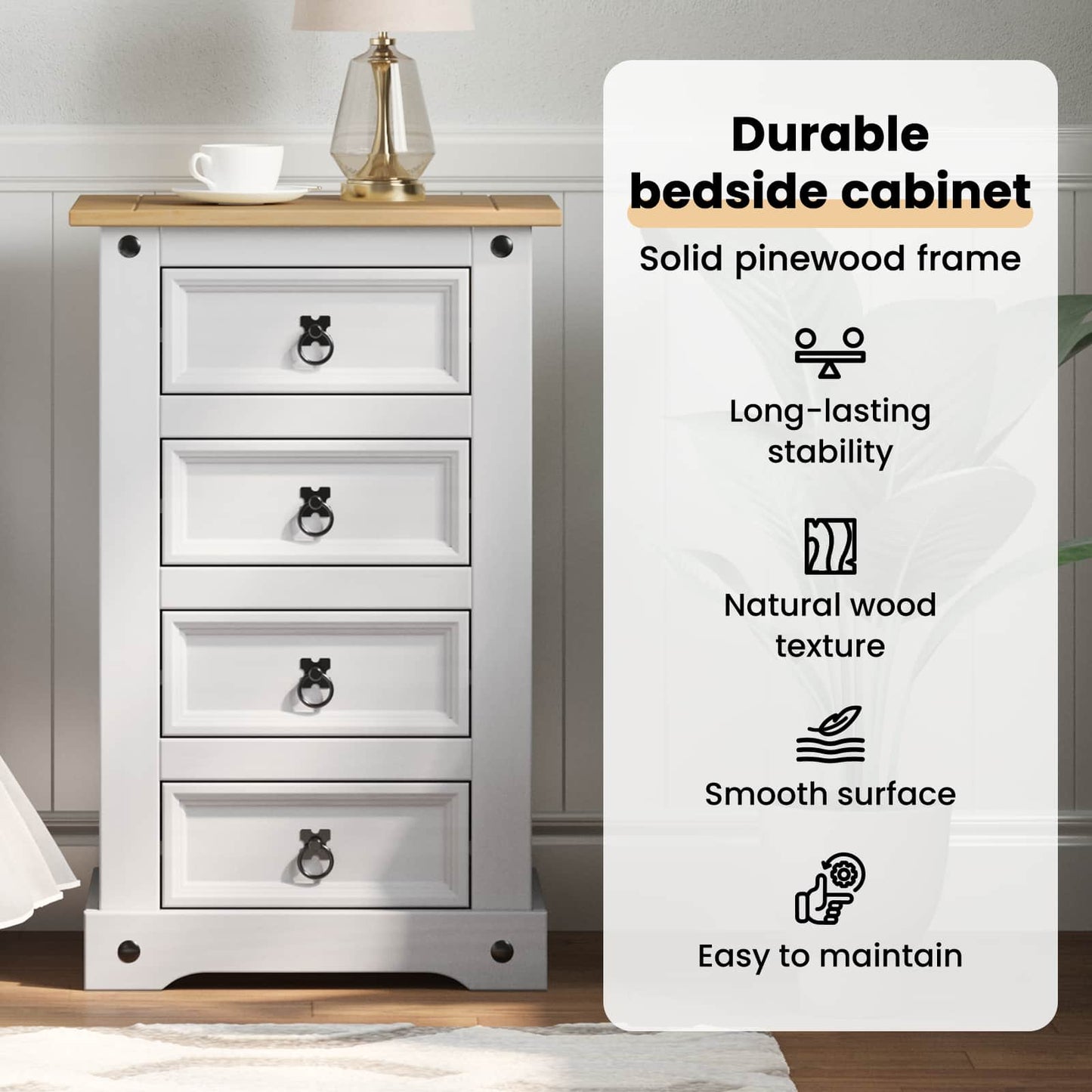 Bedside Table Corona White 53 x 39 x 84 cm Solid Pine Wood