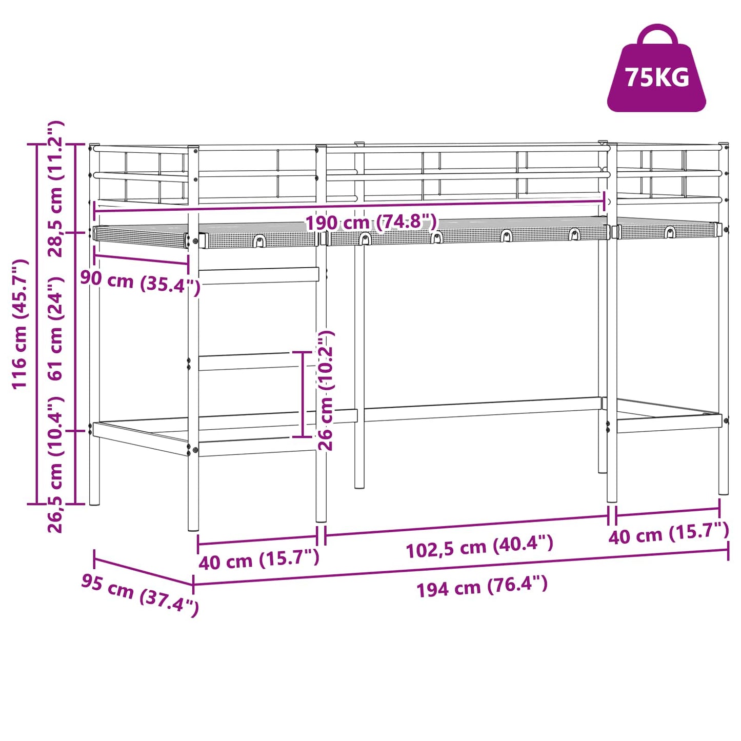 Kids'Loft Bed Frame White 90 x 190 cm Steel