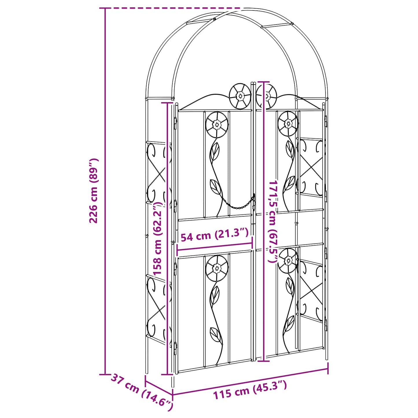 Garden Arch Plain Black 115 x 37 x 226 cm