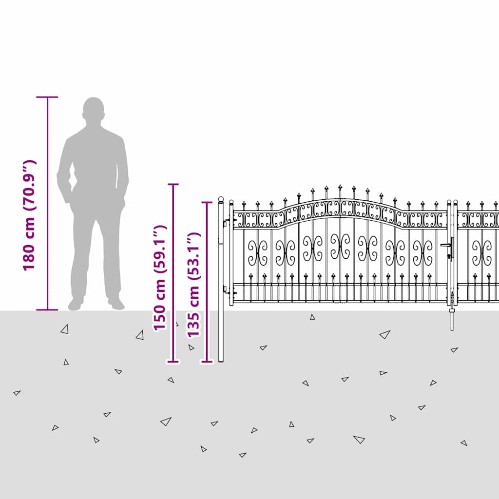 Fence Gate with Spear Top KAMPEN 395 x 100 cm Lockable Steel